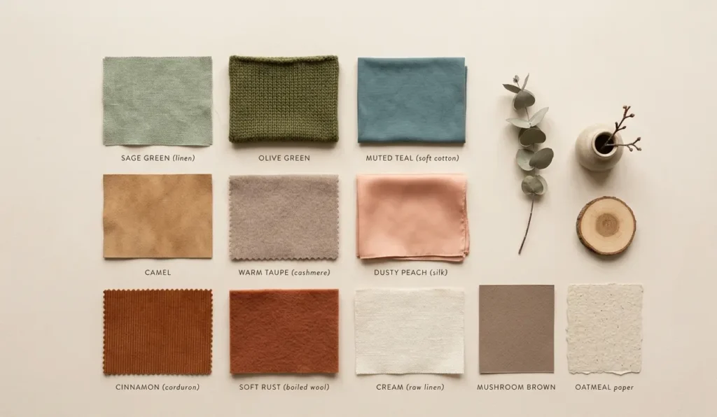Soft autumn color palette with warm muted shades like sage olive camel and dusty peach