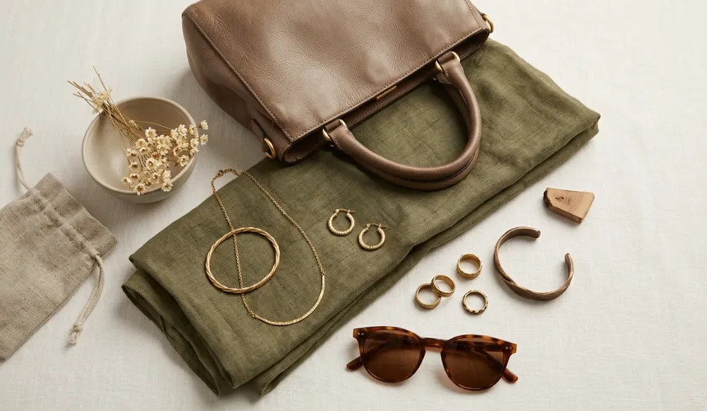 Soft autumn metals and accessories in brushed gold bronze taupe and olive tones