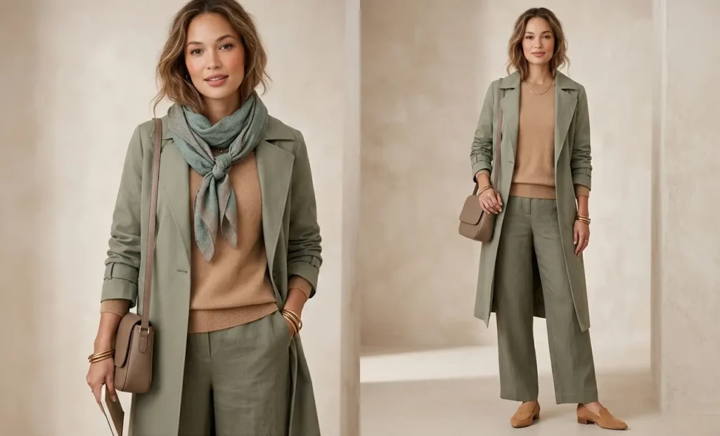 Soft autumn style outfits in warm muted low contrast colors