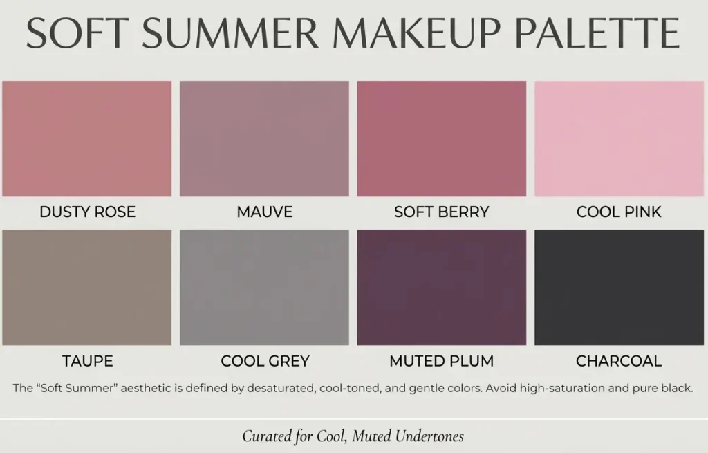 soft summer makeup color palette with muted cool tones