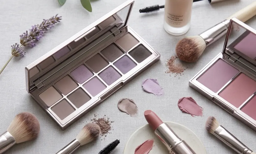 Soft Summer makeup palette with rose, mauve, and taupe shades