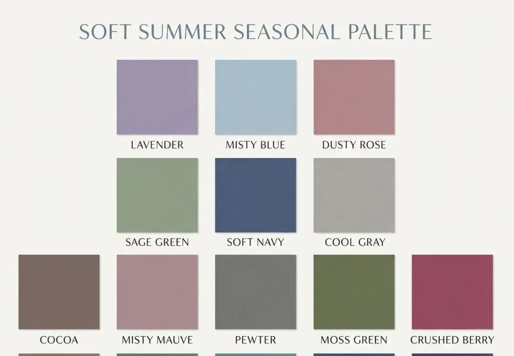 Soft Summer seasonal color palette chart with muted cool shades