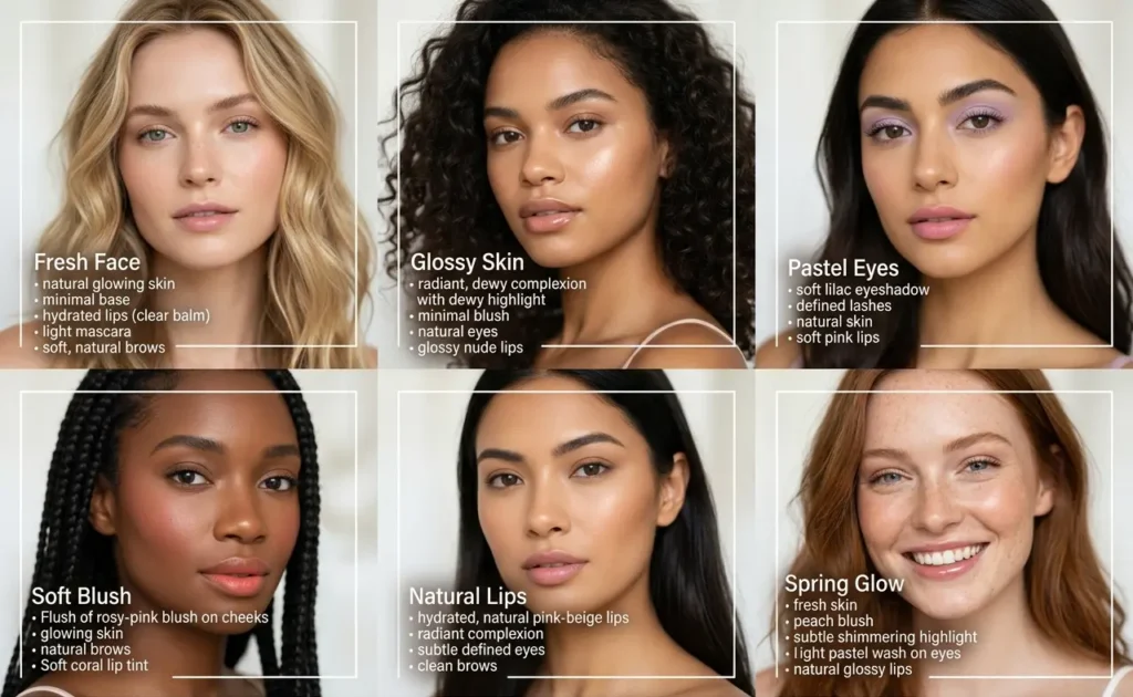 different spring makeup looks collage fresh pastel glossy styles