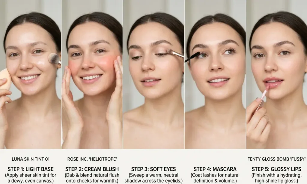 spring makeup routine steps light base blush eyes lips