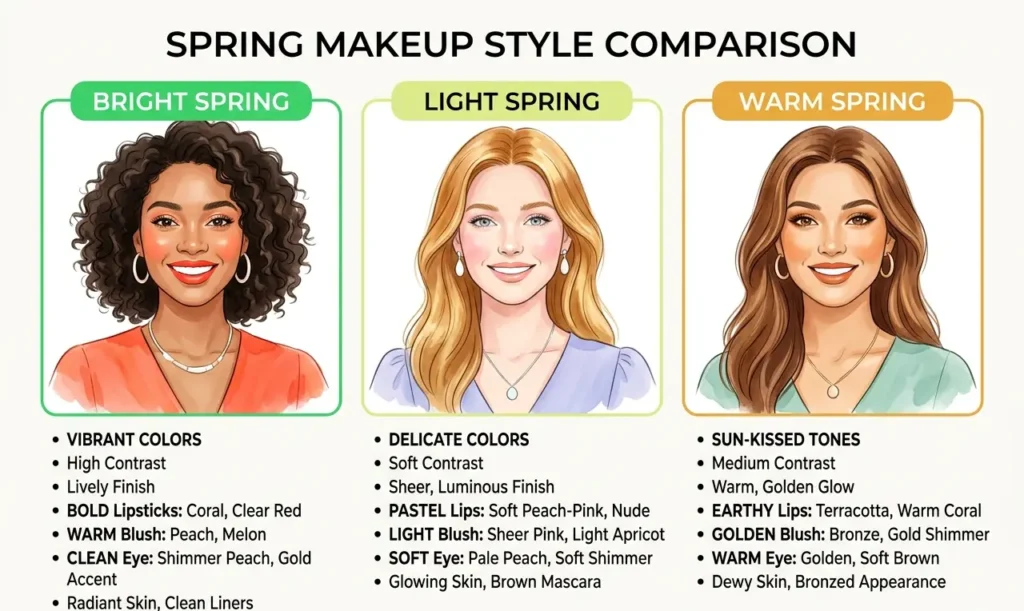 bright spring light spring warm spring makeup comparison