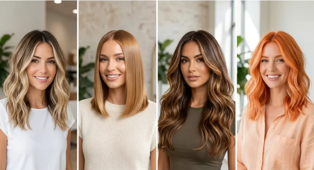 Trending summer hair colors including rooty blonde balayage and honey glass hair