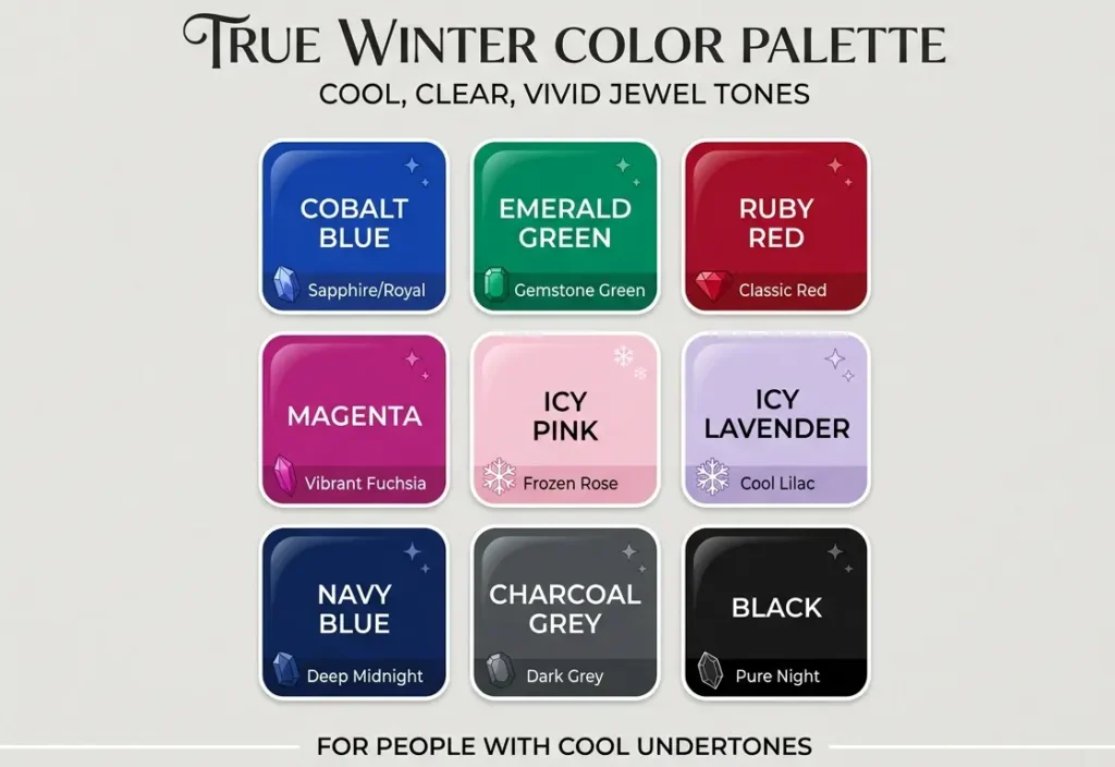 True winter color palette chart with cool jewel tones and icy colors