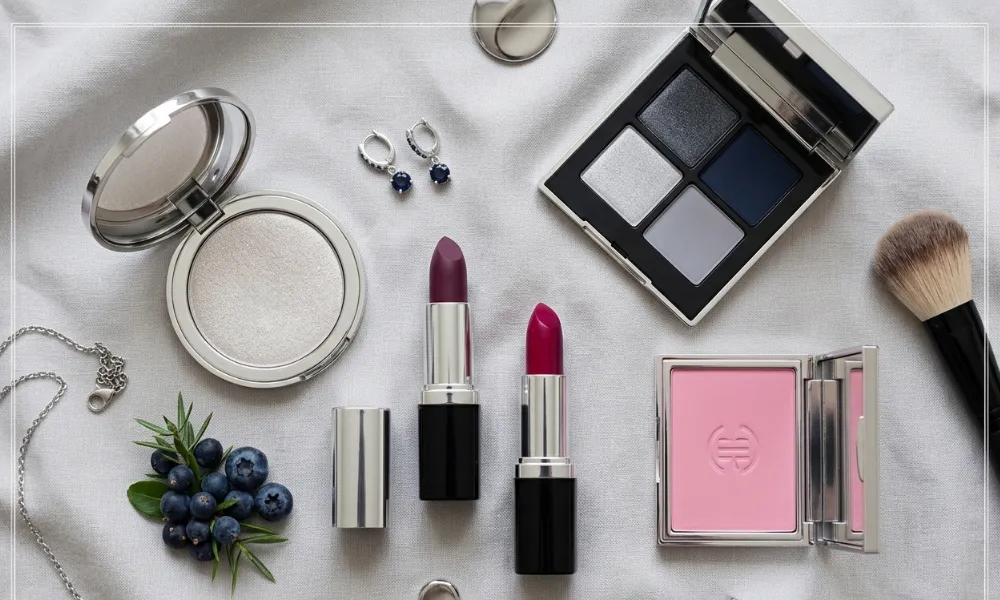 True winter makeup colors including berry lipstick and charcoal eyeshadow