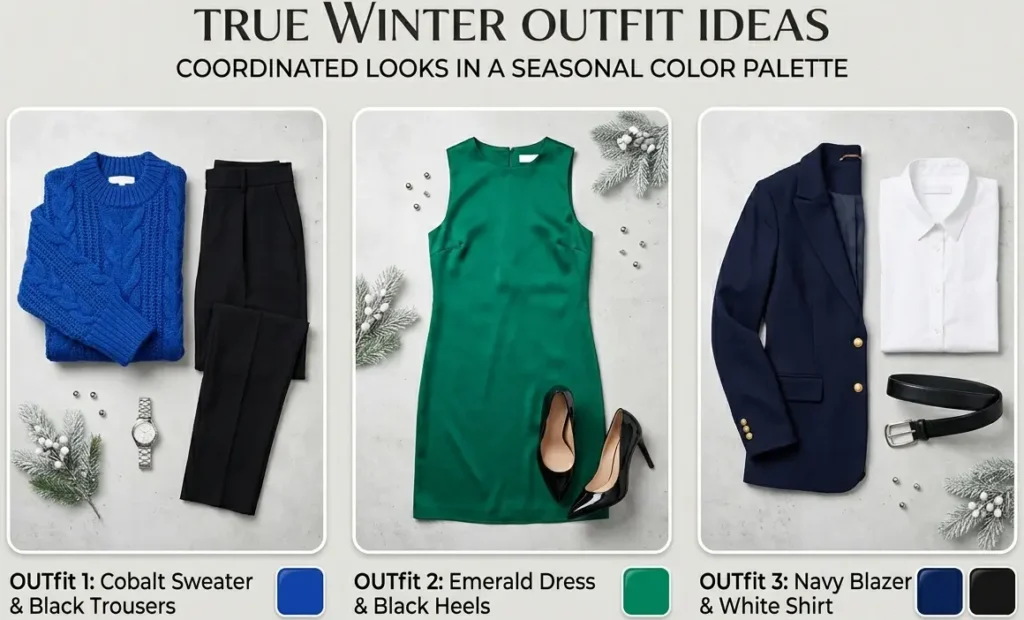 True winter outfit ideas using cobalt blue emerald and black
