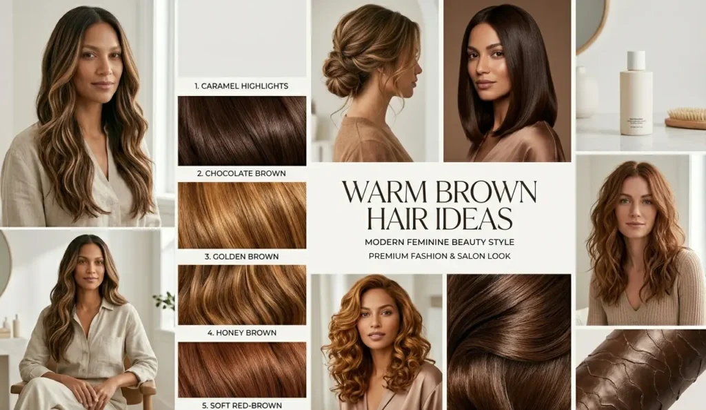 Warm brown hair ideas with highlights and glossy brunette styles