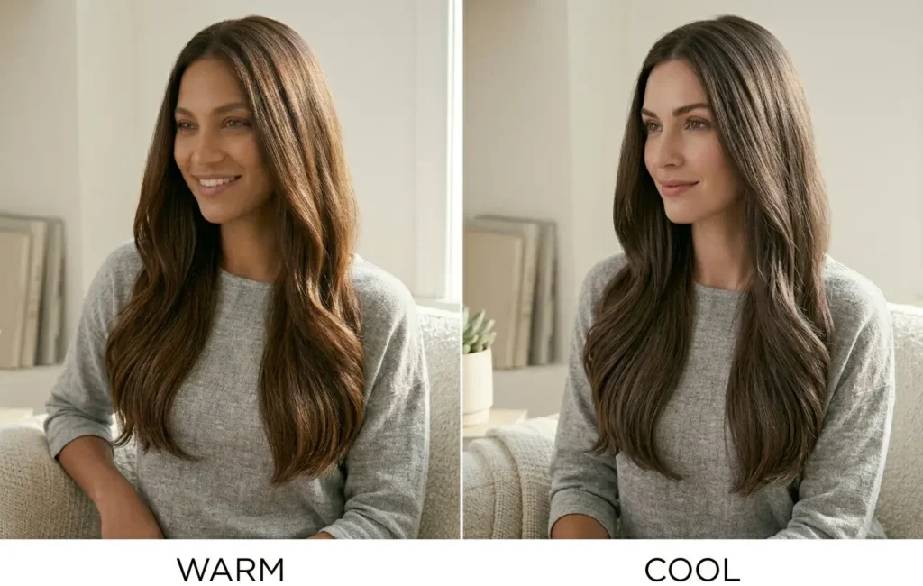 Warm brown hair compared with cool brown hair tones