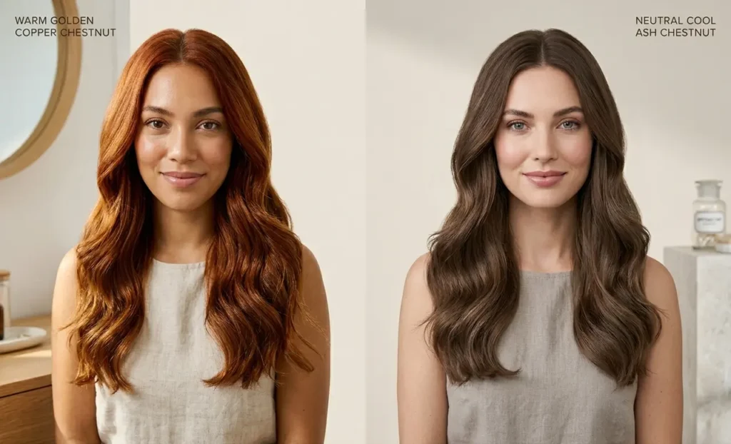 Warm vs cool chestnut brown hair comparison