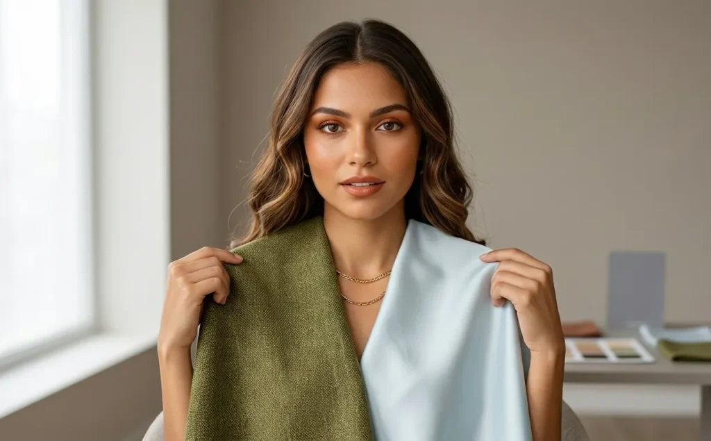 Warm olive vs icy blue fabric test for Deep Autumn undertone