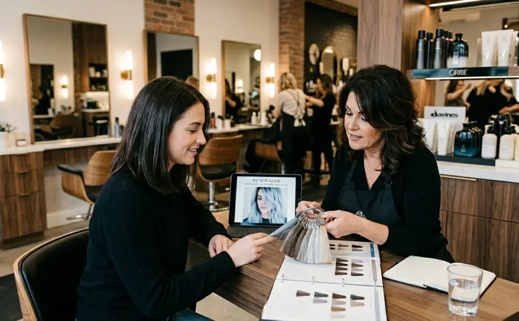 Woman discussing cool-toned winter hair color with hairstylist in salon
