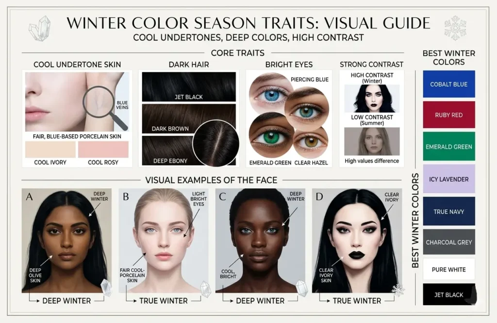 winter color season traits cool undertone dark hair bright eyes high contrast features