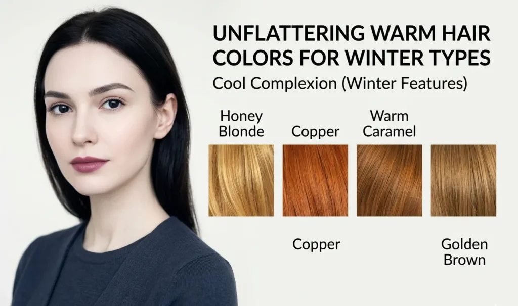 Worst hair colors for Winter types including warm blonde copper and caramel