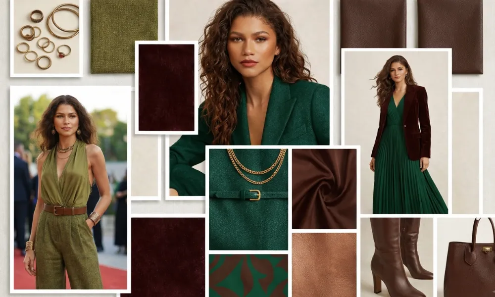 Zendaya Deep Autumn outfit example in emerald and chocolate tones