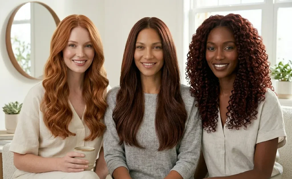Auburn red hair shades shown on fair, medium, and deep skin tones
