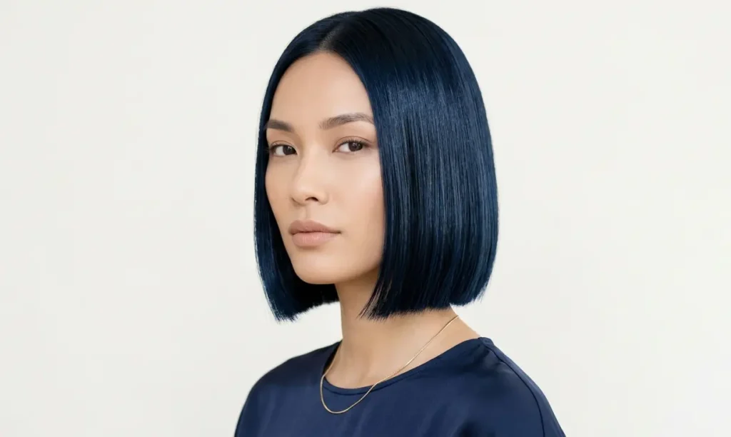 blue black hair bob sleek style