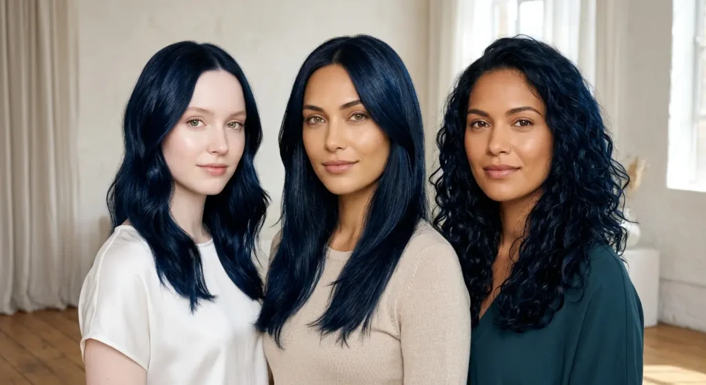 blue black hair on different skin tones comparison