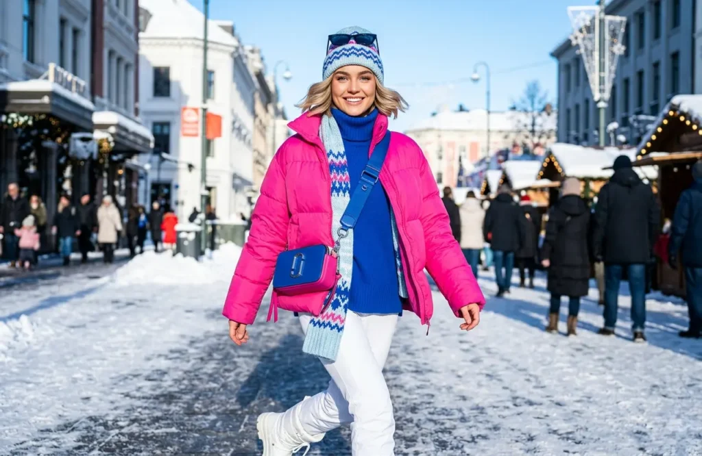 bright winter outfit bright cool colors example
