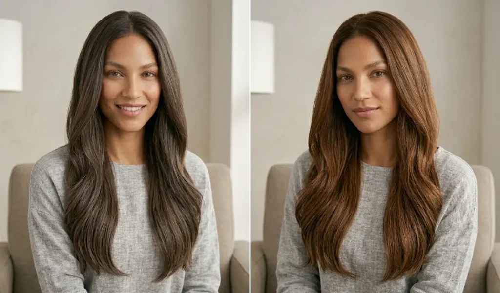 Cool brown vs warm brown hair comparison showing ash brunette and golden brunette tones