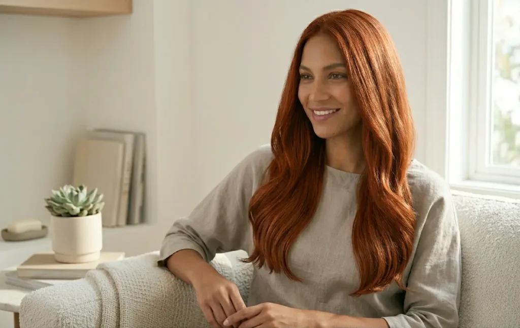 Healthy glossy copper red hair showing shine and color maintenance