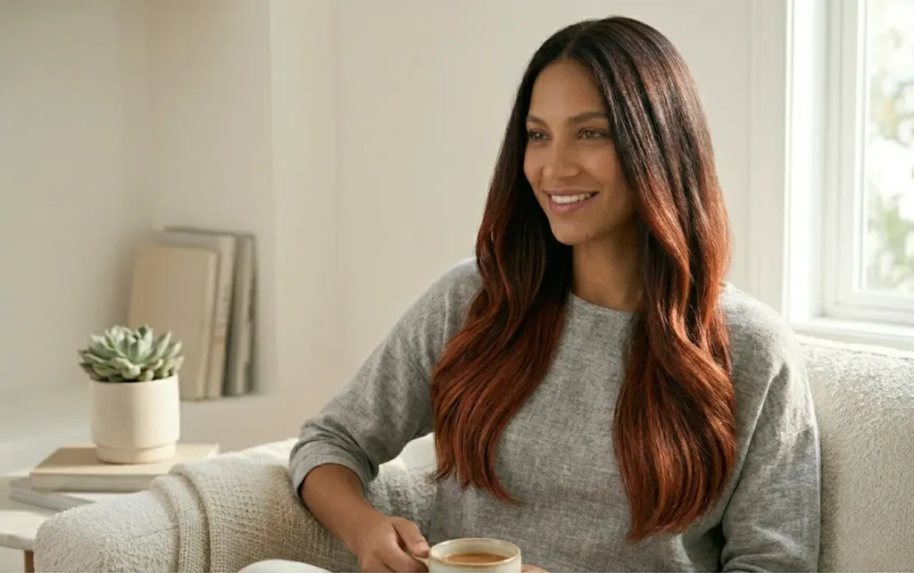 Copper red hair color on dark brunette hair with rich warm tones