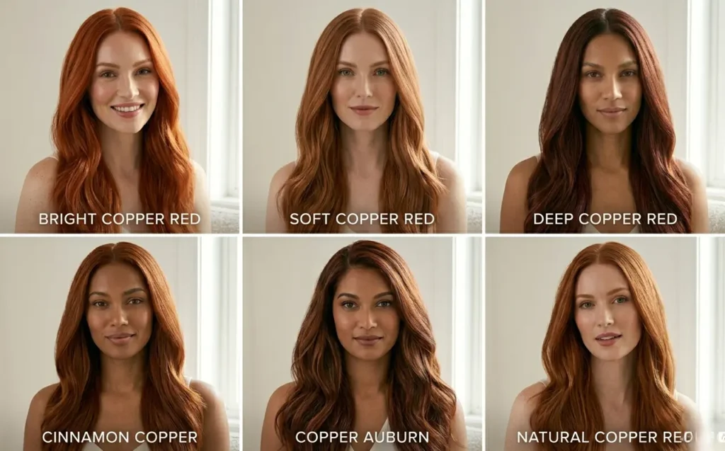 Different copper red hair shades including soft, deep, and bright tones