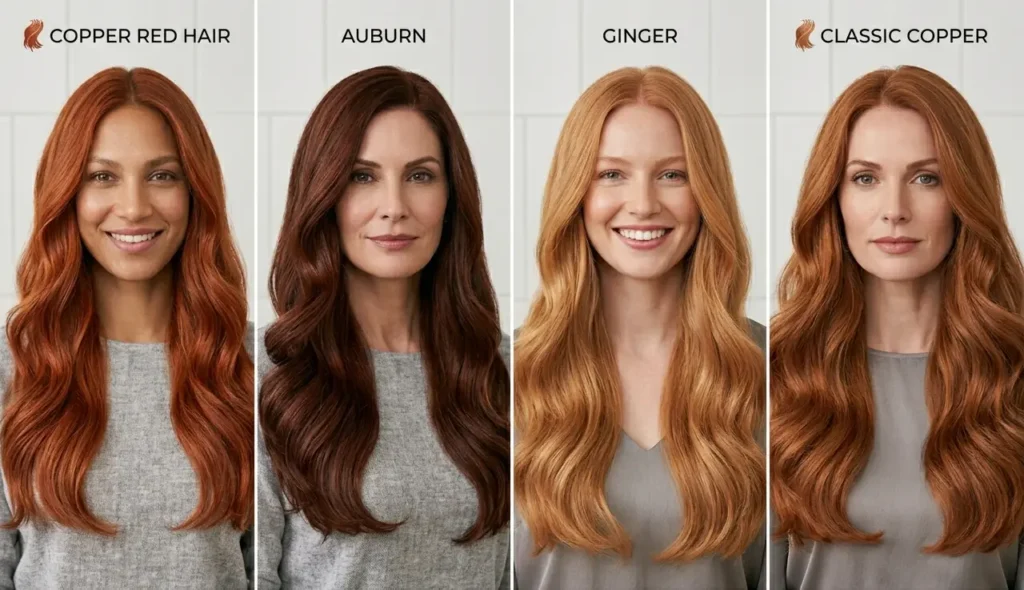 Copper red hair compared with auburn, ginger, and copper hair shades