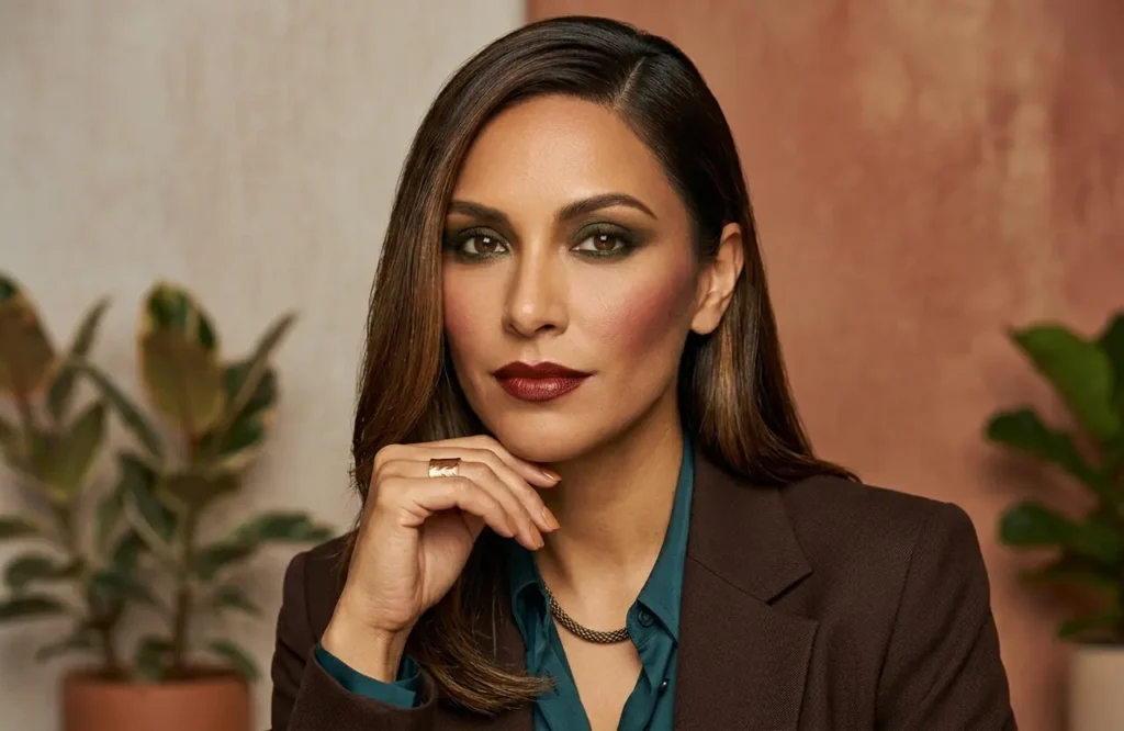 Woman with warm olive undertone and Deep Autumn inspired coloring