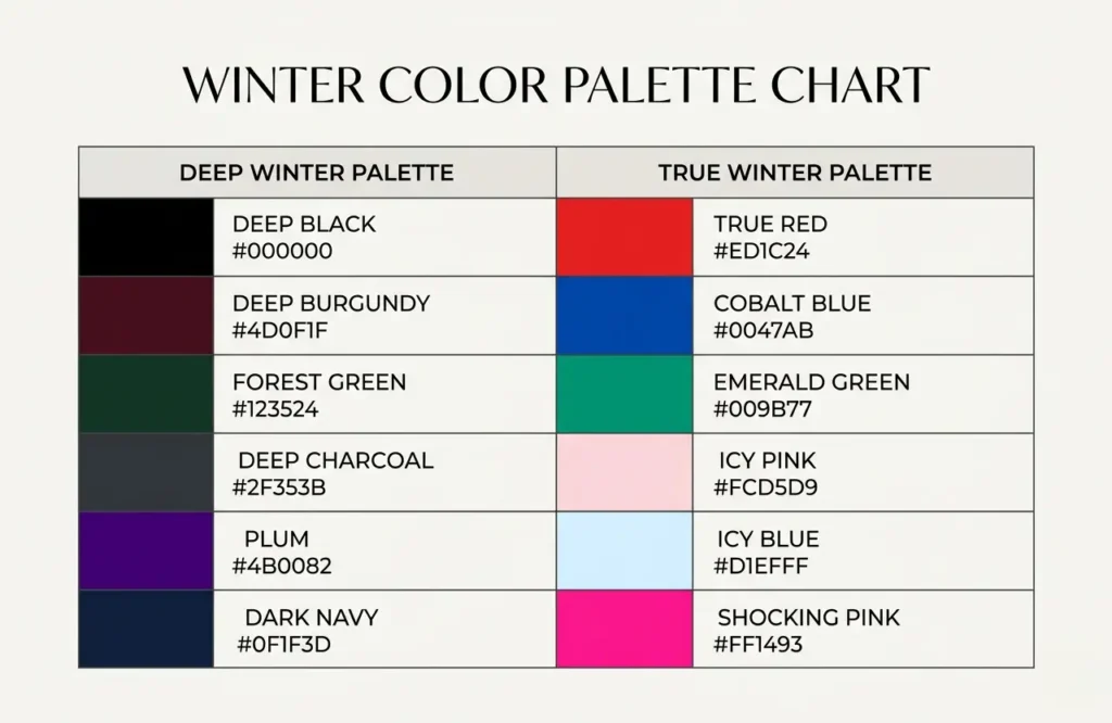 deep winter vs true winter color palette chart