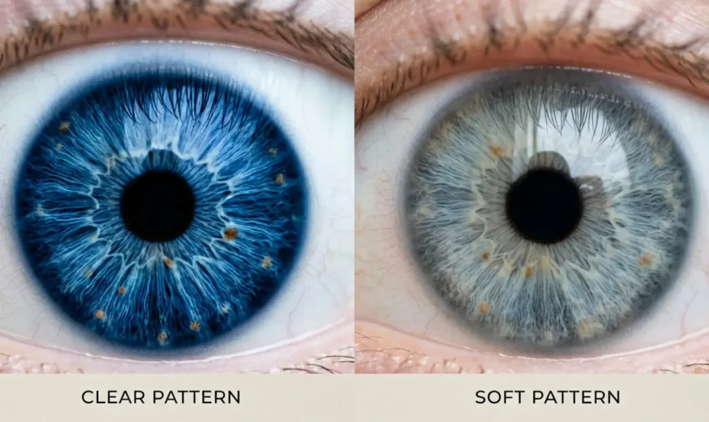 eye pattern color analysis iris showing starburst limbal ring and freckles