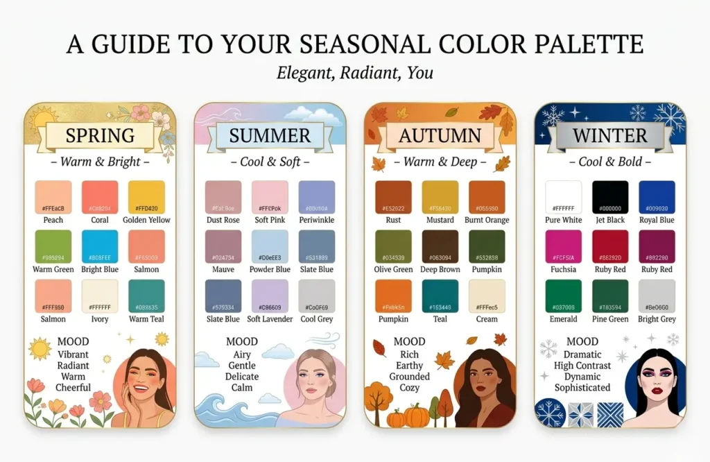 Spring Summer Autumn Winter color season overview chart