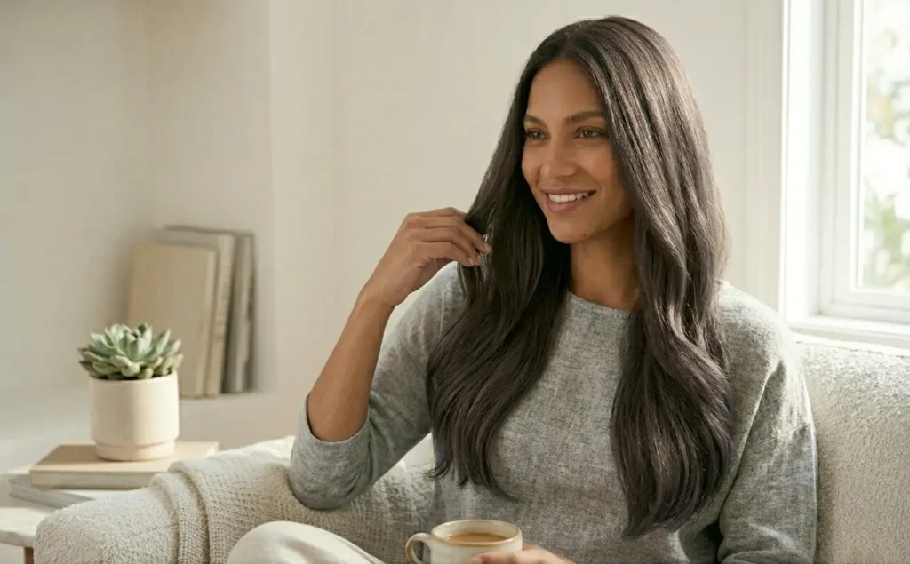 Cool brown hair maintenance concept with glossy brunette hair and anti-brassiness care