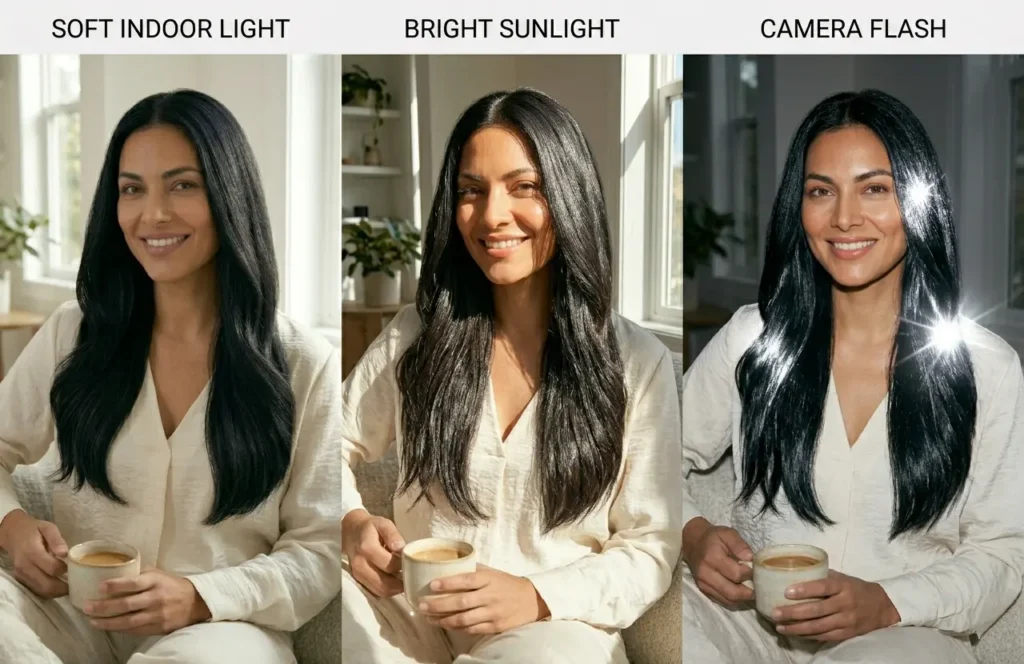Jet black hair shown in indoor light sunlight and flash photography to compare shine and depth