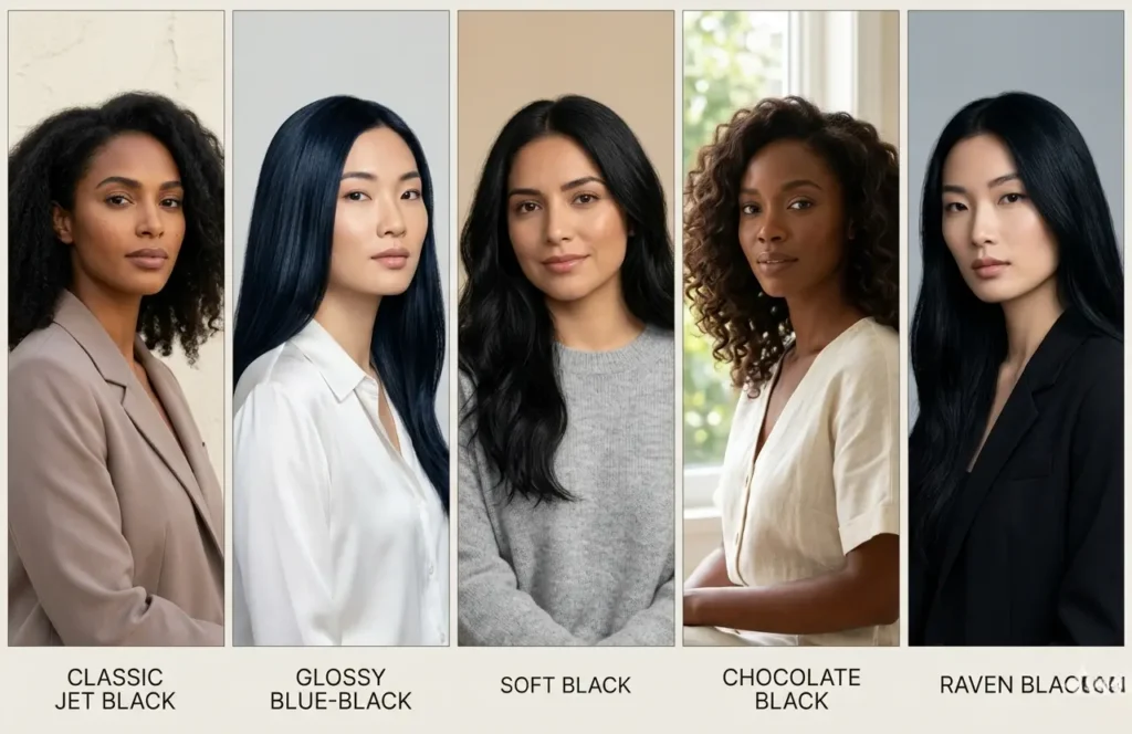 Jet black hair shade variations including blue black soft black chocolate black and raven black