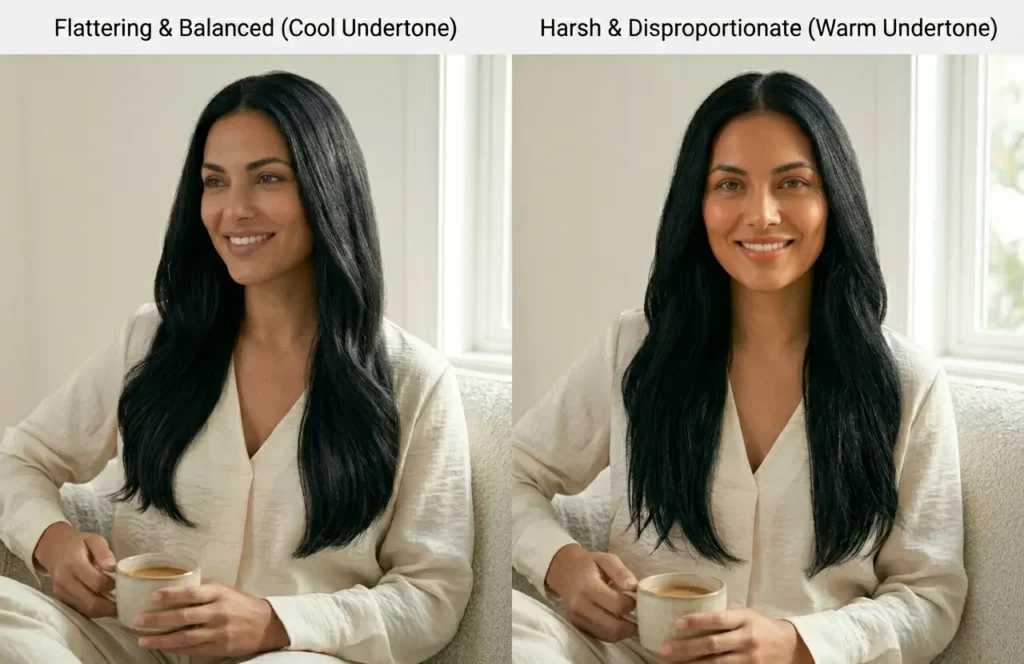 Jet black hair comparison showing flattering polished look on one side and overly harsh black hair effect on the other
