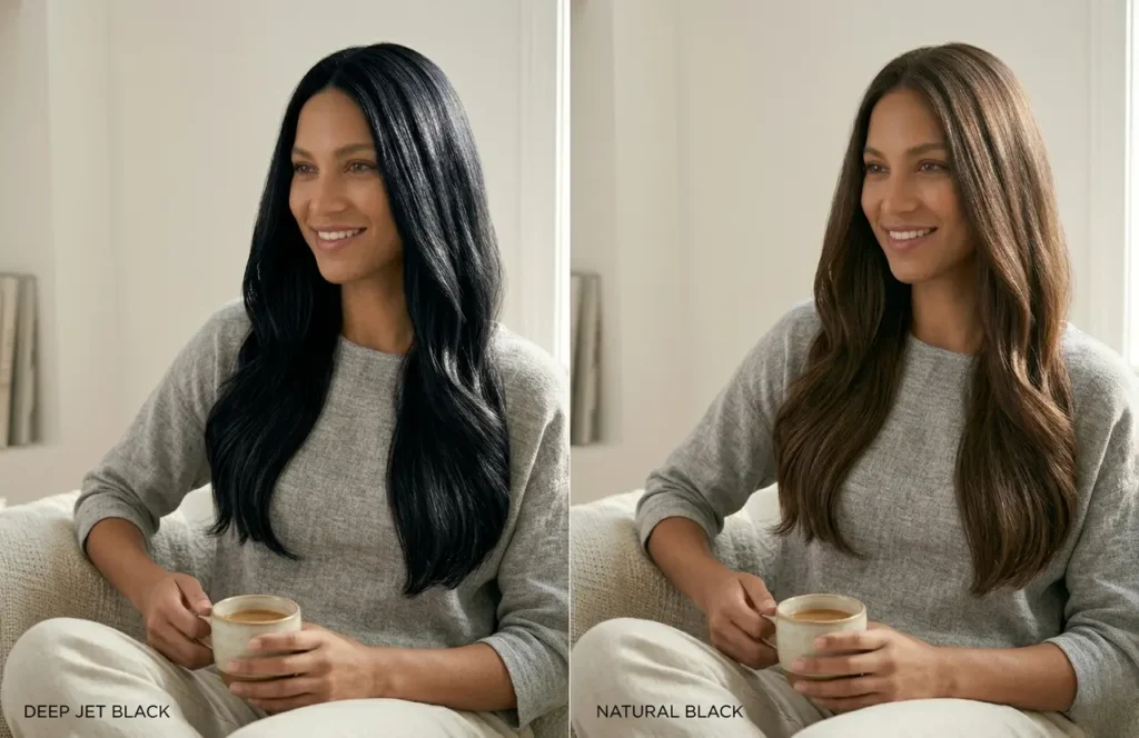Comparison of jet black hair and natural black hair showing deeper cool black versus softer black tone