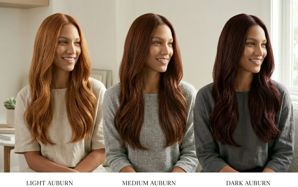 Light, medium, and dark auburn red hair shade comparison