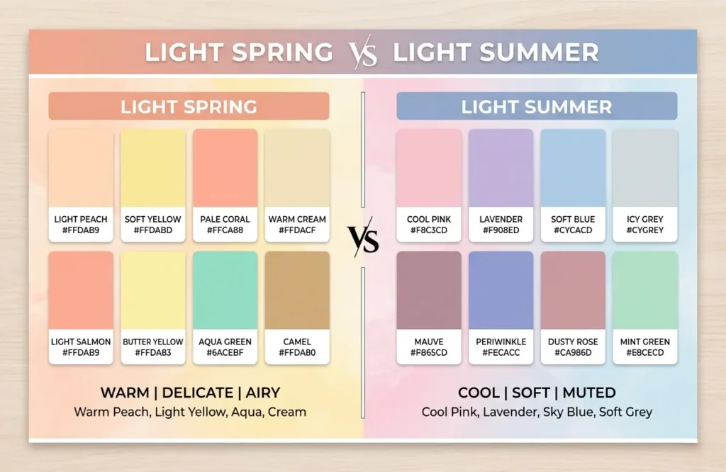 light spring vs light summer pastel palette warm vs cool comparison