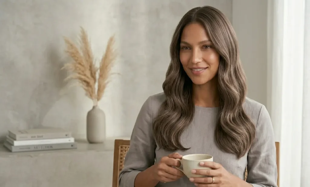 Mushroom brown hair with soft taupe ash brunette tones