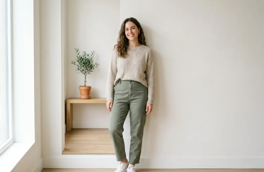person wearing muted colors balanced look