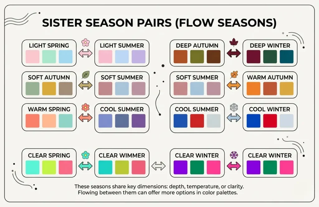 sister seasons pairs chart showing connections between color seasons
