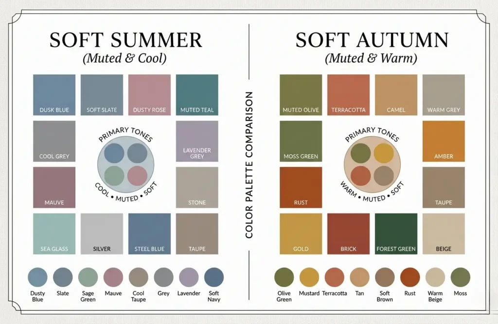 soft summer vs soft autumn palette cool muted vs warm muted comparison