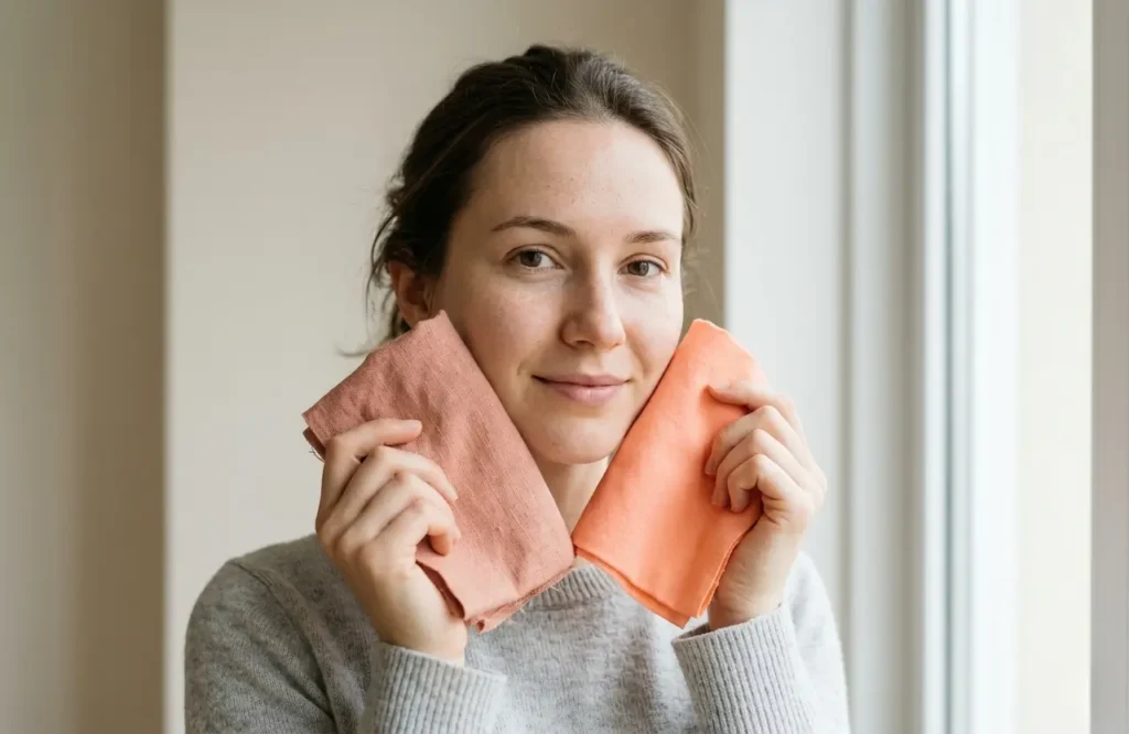 Comparing dusty peach and bright peach fabric near face for color analysis