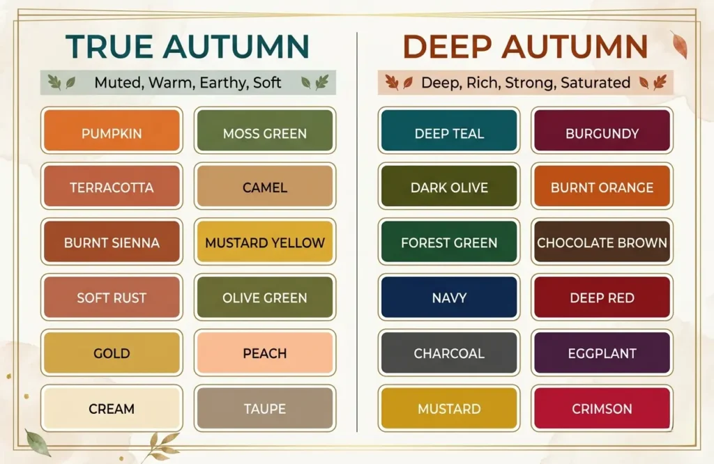 true autumn vs deep autumn color palette comparison