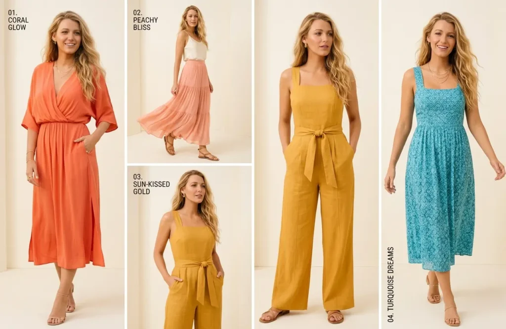 Best colors for Blake Lively warm spring palette coral peach yellow turquoise