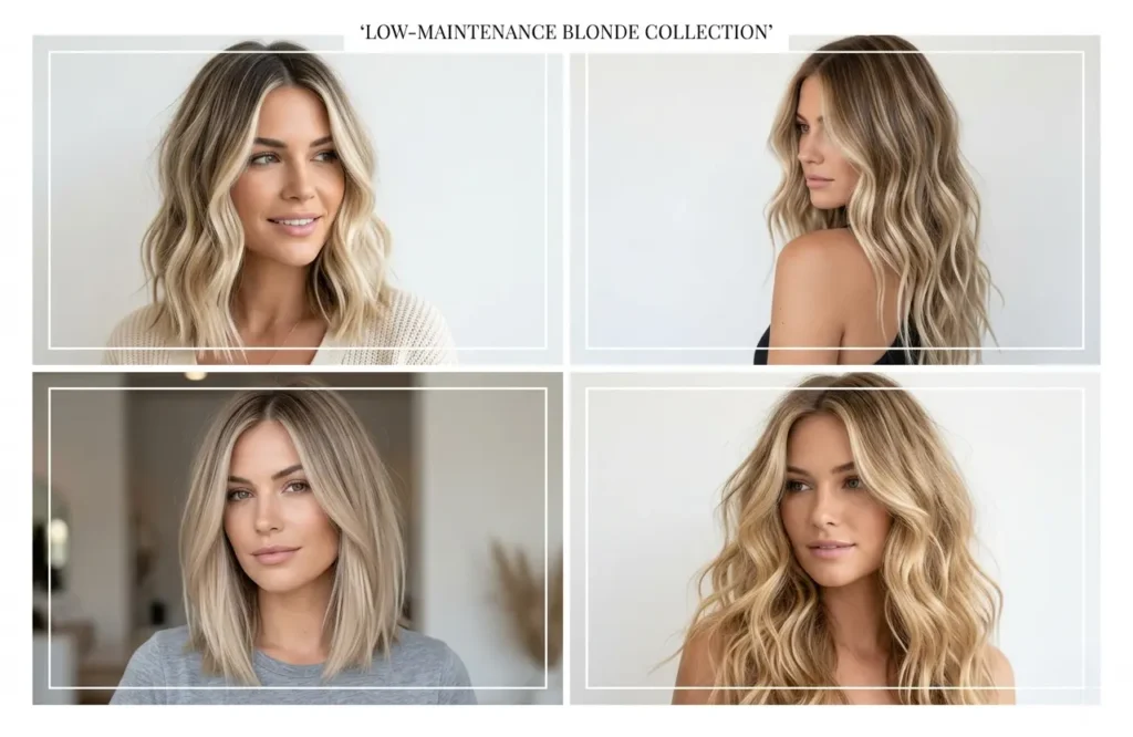 Low-maintenance blonde hair ideas with balayage and rooted blonde