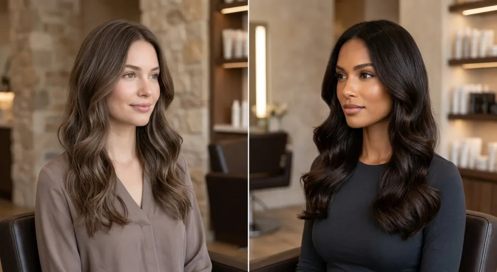 Soft muted brown hair compared with rich deep brunette shades